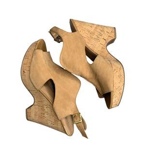 Franco Sarto Gallard Tan Suede Cork Wedge Sandals | Size 12